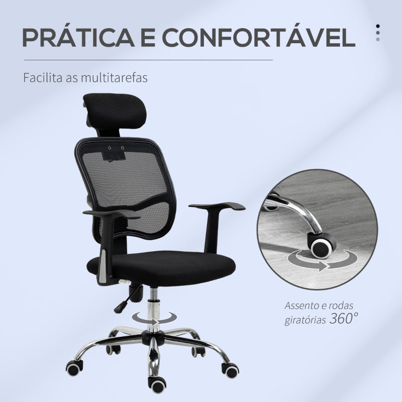 Vinsetto Cadeira de Escritório Giratória Ergonômica com Altura Ajustável Função de Inclinação Apoio para a Cabeça e Suporte Lombar 63x62x109-117cm Preto