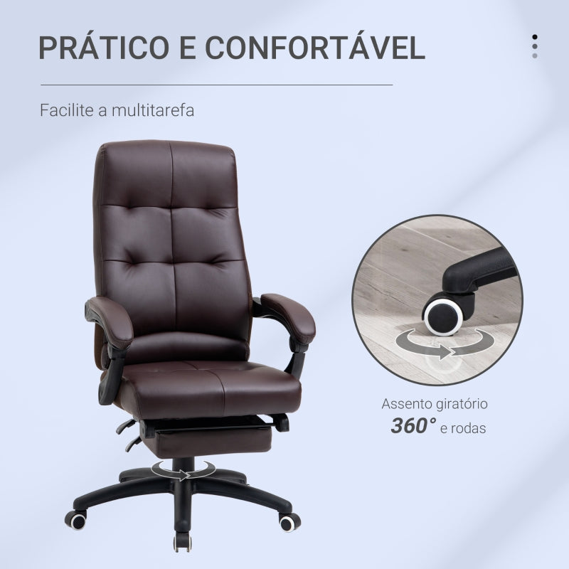 Vinsetto Cadeira de escritório ergonômica giratória com função de inclinação altura ajustável Apoio de braço e apoio para os pés em couro sintético 65x65x118-125cm marrom