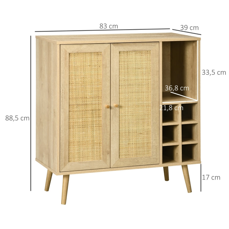 HOMCOM Aparador de Cozinha Móvel Buffet com 2 Portas de Vime Prateleira Aberta e Suporte para 6 Garrafas 83x39x88,5cm Madeira