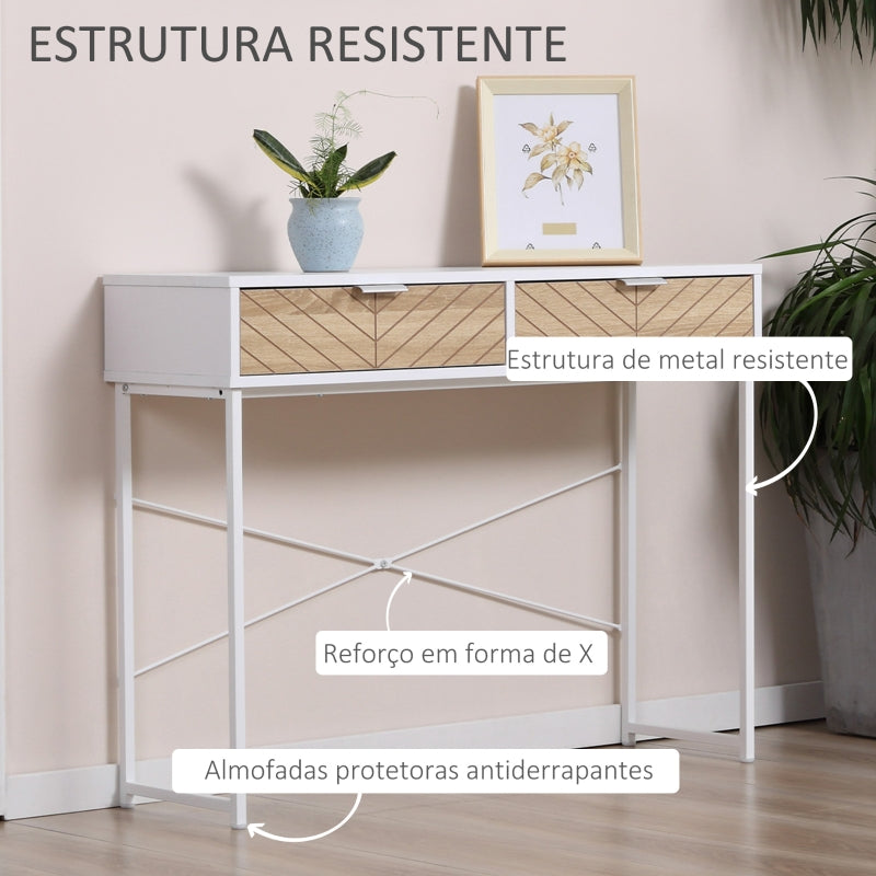 HOMCOM Mesa Consola 100x30x75cm Mesa de Entrada Moderno com 2 Gavetas de Armazenamento e Estrutura de Metal para Corredor Sala de Estar Branco