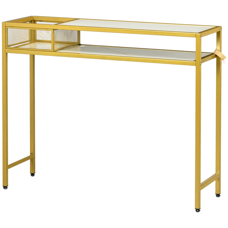 HOMCOM Mesa Consola com Prateleira Cesta de Armazenamento e Estrutura de Aço Móvel de Entrada 100x30x80 cm Dourado e Branco