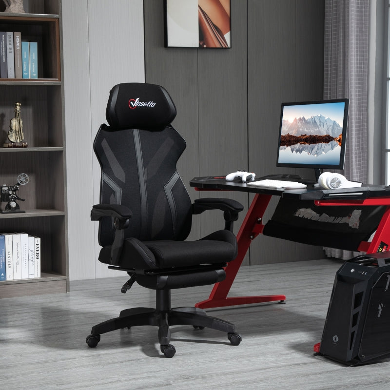 Vinsetto Cadeira de Gaming com Apoio para os Pés Retrátil Cadeira de Escritório Reclinável com Apoio para a Cabeça e Altura Ajustável 65x65x119-129cm Preto