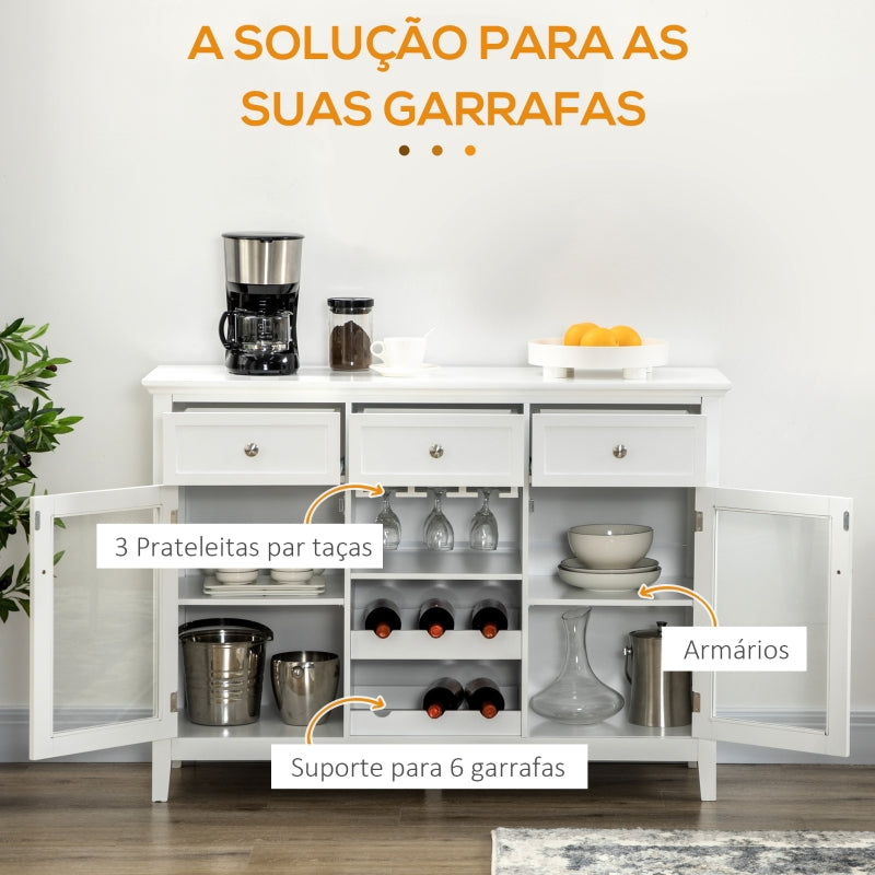 HOMCOM Aparador de Cozinha com 2 Portas de Vidro Suporte para 6 Garrafas e Suporte para 15 Taças Móvel Buffet 120x40x87cm Branco