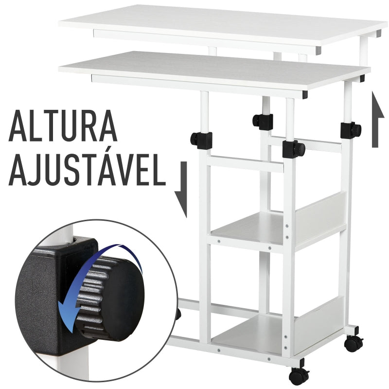 HOMCOM Mesa Lateral para Sofá Mesa lateral em Forma de C com 4 rodas Giratórias Freios Altura Ajustável 3 níveis Estrutura Metálica 80x40x72-82cm Branco