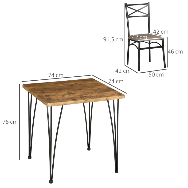 HOMCOM Conjunto de Sala de Jantar 3 Peças Conjunto 1 Mesa 74x74x76cm e 2 Cadeiras 42x50x91,5cm com Pés de Aço Estilo Moderno para Cozinha Marrom e Preto