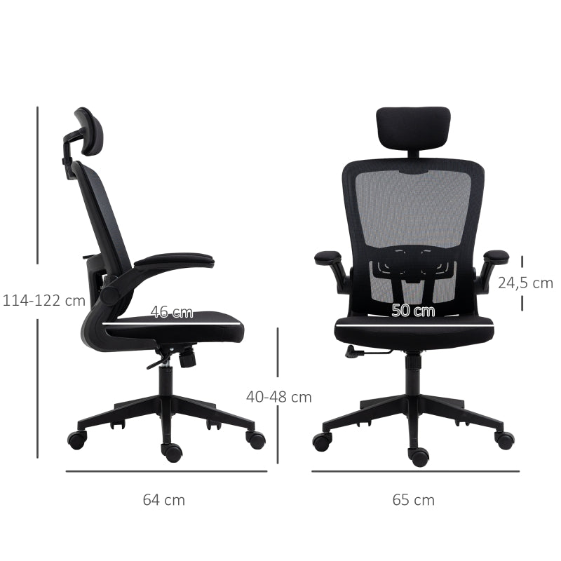 Vinsetto Cadeira de Escritório de Malha Ergonómica Cadeira de Escritório com Altura Ajustável Apoio para os Braços Dobrável Apoio para a Cabeça e Suporte Lombar Ajustáveis 65x64x114-122cm Preto