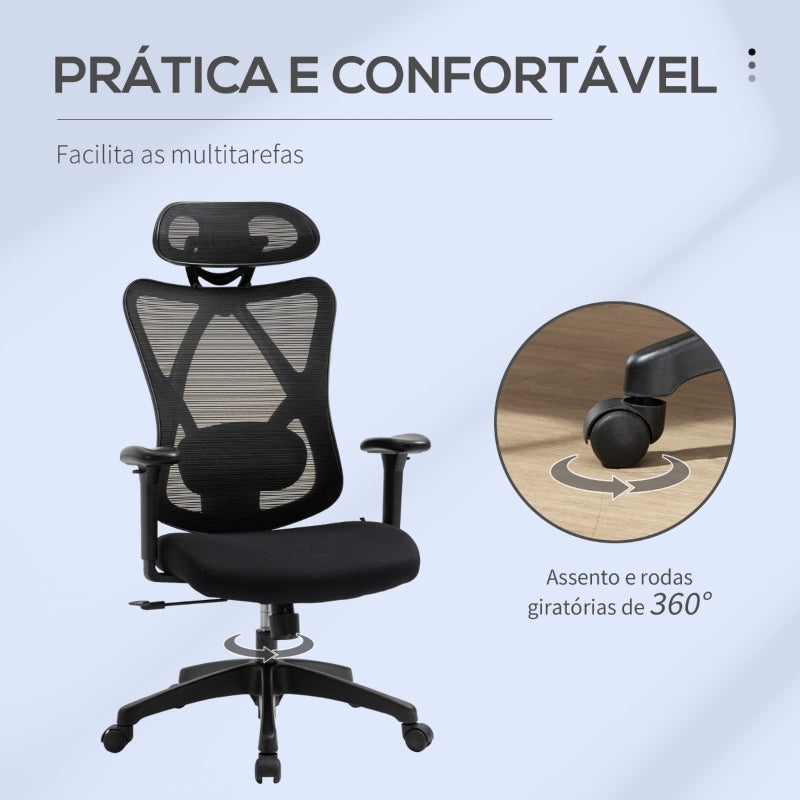 Vinsetto Cadeira de Escritório com Apoio para os Braços 2D Cadeira de Escritório com Altura Ajustável Apoio para a Cabeça Suporte Lombar Alto 67x64x117-127cm Preto