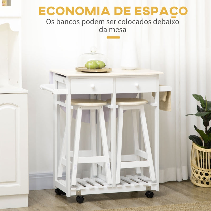 HOMCOM Conjunto de Mesa e 2 Bancos para Cozinha Mesa com Rodas Bancada Dobrável 2 Gavetas e Prateleira 87x74x86cm Carvalho e Branco