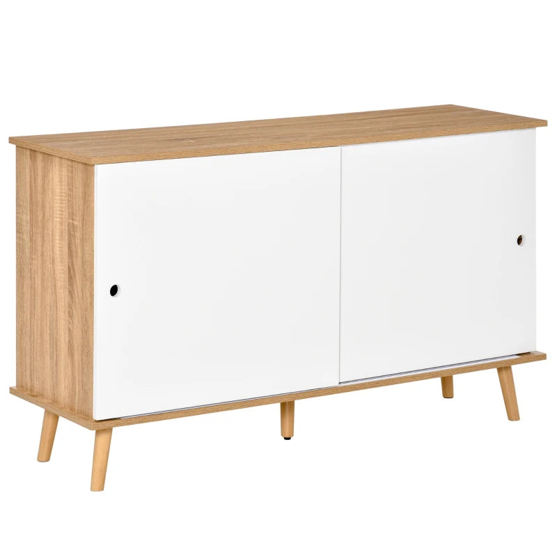 HOMCOM Móvel Aparador tipo Buffet para Sala de Jantar Cozinha com 2 Portas Corredeiras Prateleiras Interior Ajustáveis e Pés de Madeira 130x40x74,5cm Natural e Branco