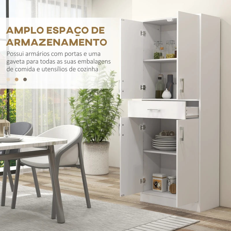 HOMCOM Armário de Cozinha com 4 Portas 1 Gaveta e Prateleiras Ajustáveis Anti-Tombo Armário de Cozinha Moderno 70,8x34x180 cm Branco