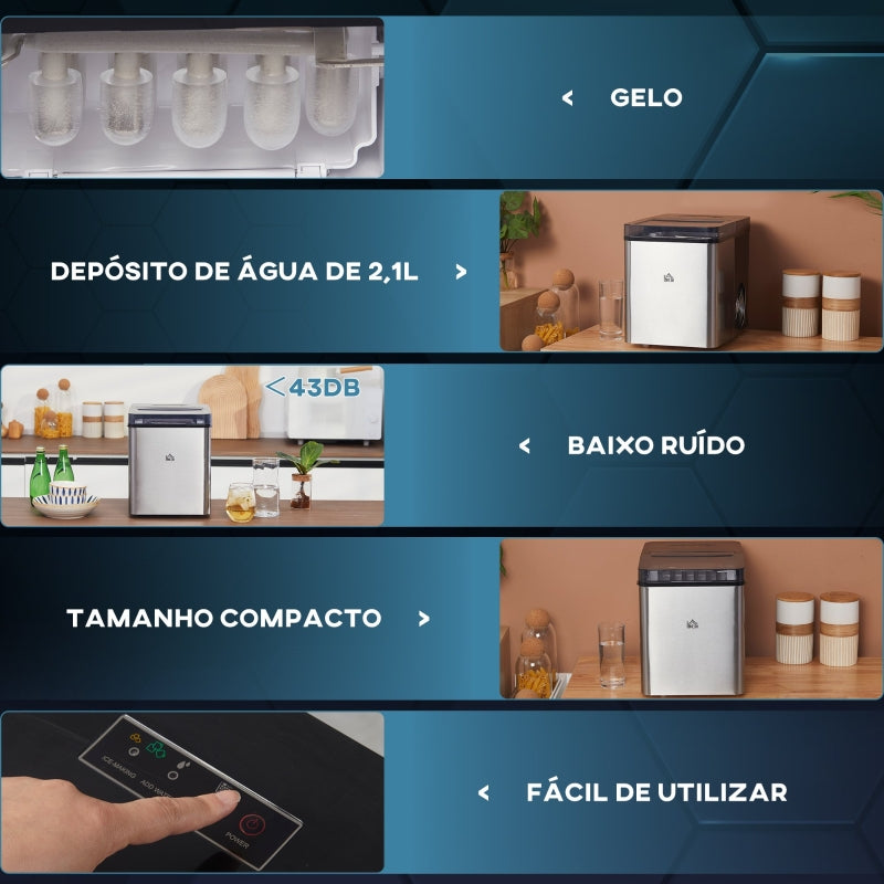 HOMCOM Máquina de Fazer Gelo 9 Cubos em 6-12 Minutos Capacidade 15 kg em 24h Depósito de Água 2,1L 25,2x37,5x31,2 cm Preto