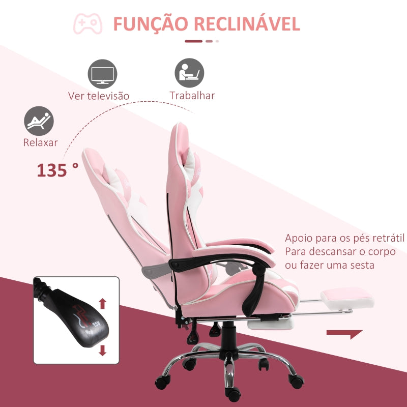 Vinsetto Cadeira de Gaming Reclinável Giratória com Apoio para a Cabeça Apoio para os Pés e Almofada Lombar 64x67x119-127 cm Rosa