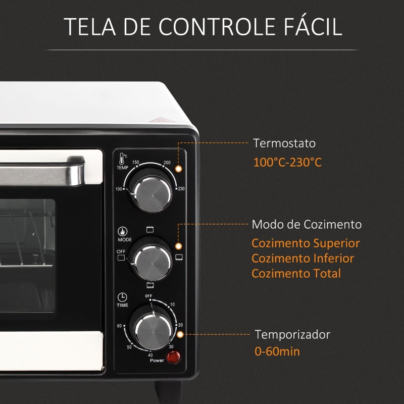 HOMCOM Mini Forno 16L com 3 Modos de Aquecimento Temperatura até 230°C Temporizador 44x32x28,1cm Branco e Preto