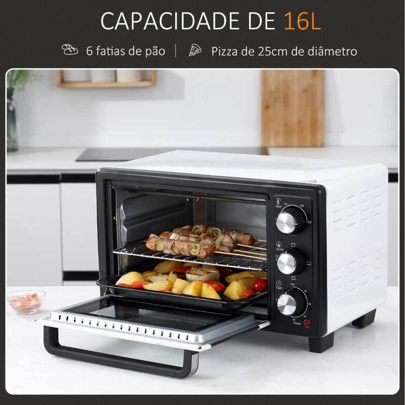 HOMCOM Mini Forno 16L com 3 Modos de Aquecimento Temperatura até 230°C Temporizador 44x32x28,1cm Branco e Preto