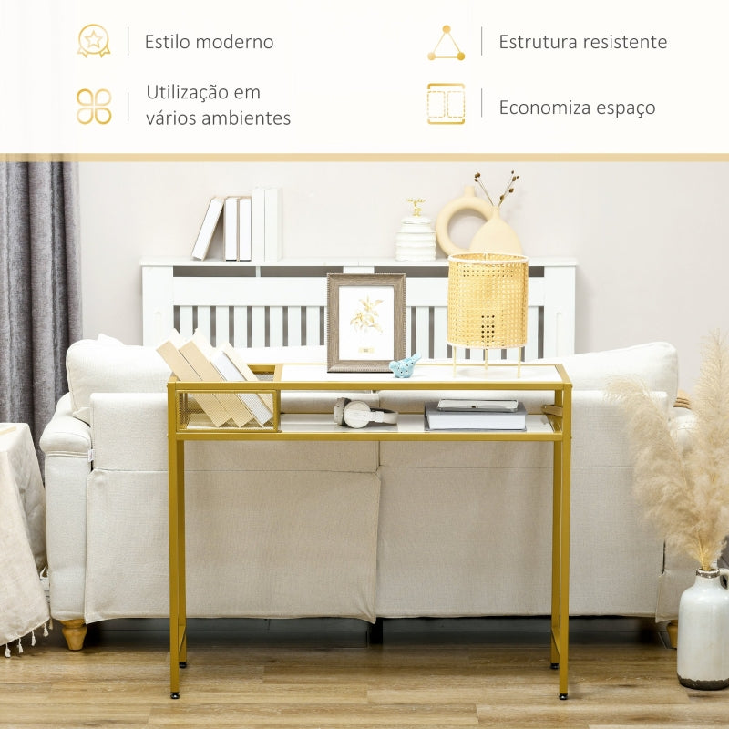 HOMCOM Mesa Consola com Prateleira Cesta de Armazenamento e Estrutura de Aço Móvel de Entrada 100x30x80 cm Dourado e Branco