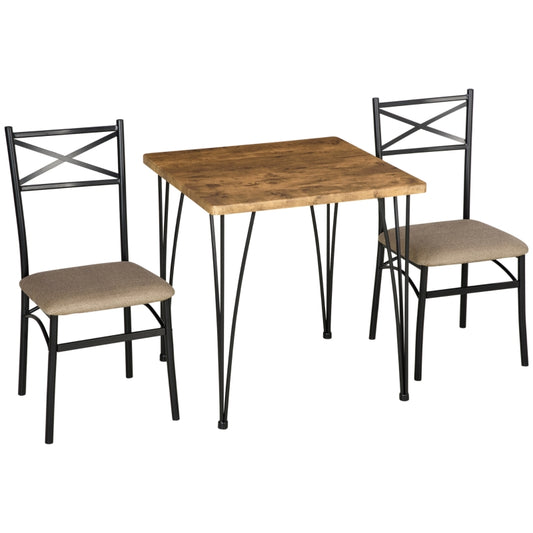 HOMCOM Conjunto de Sala de Jantar 3 Peças Conjunto 1 Mesa 74x74x76cm e 2 Cadeiras 42x50x91,5cm com Pés de Aço Estilo Moderno para Cozinha Marrom e Preto