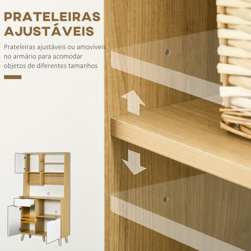 HOMCOM Armário de Cozinha com 3 Portas Gaveta Prateleira Ajustável Bancada para Micro-Ondas e Suporte para Panos 93x40x180 cm Madeira e Branco