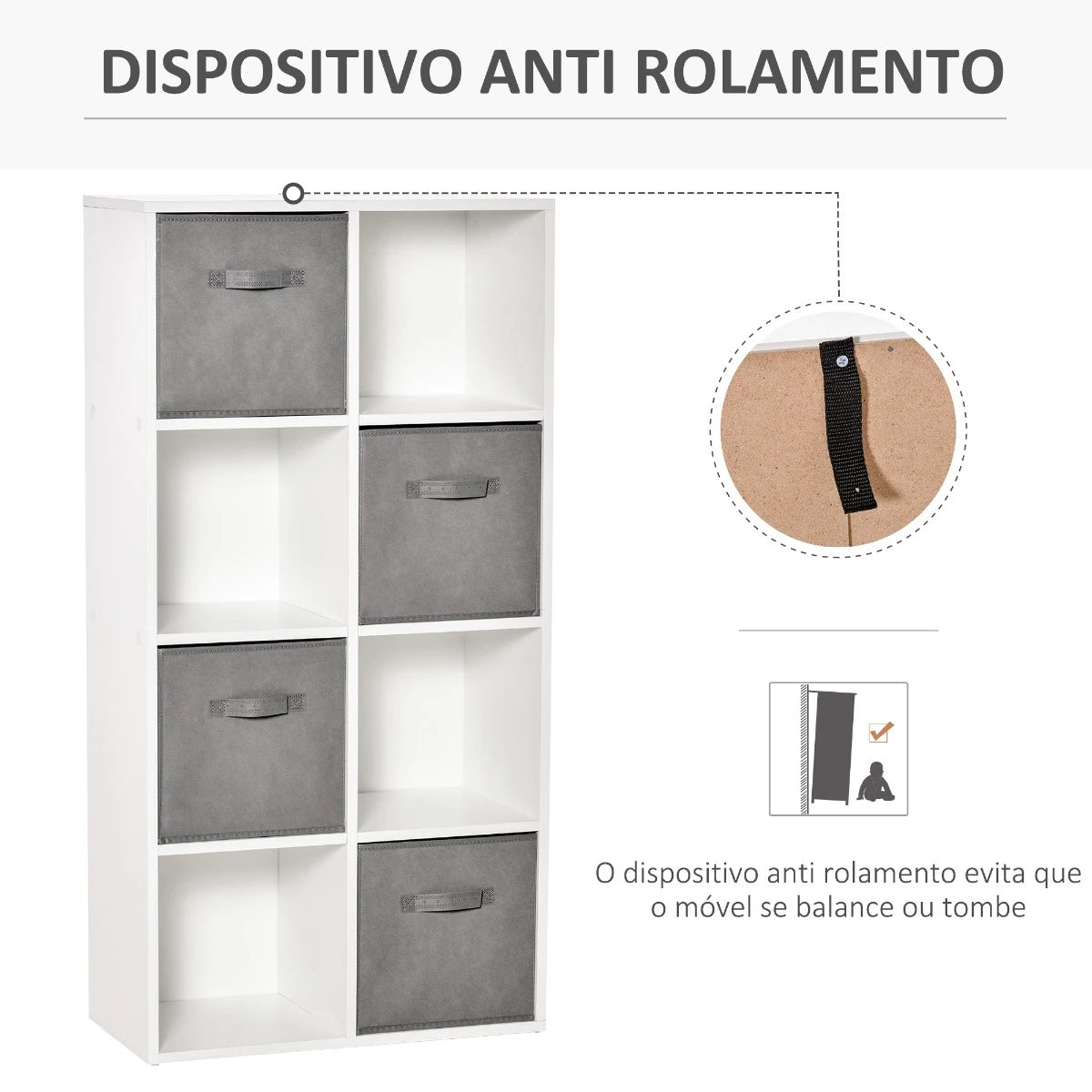 HOMCOM Estante para Livros de 8 Cubos Estante Modular com 4 Cestos Removíveis de TNT para Escritório Estúdio Dormitório 61,5x30x121,6cm Branco e Cinza