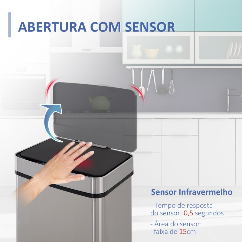 HOMCOM Balde de Lixo 72L com Abertura Automática de Aço Inoxidável e Reciclagem para Cozinha 42x30x81 cm Prata