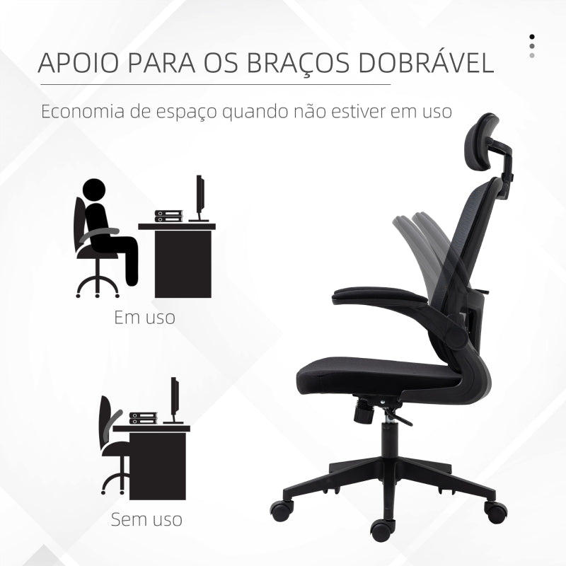 Vinsetto Cadeira de Escritório de Malha Ergonómica Cadeira de Escritório com Altura Ajustável Apoio para os Braços Dobrável Apoio para a Cabeça e Suporte Lombar Ajustáveis 65x64x114-122cm Preto