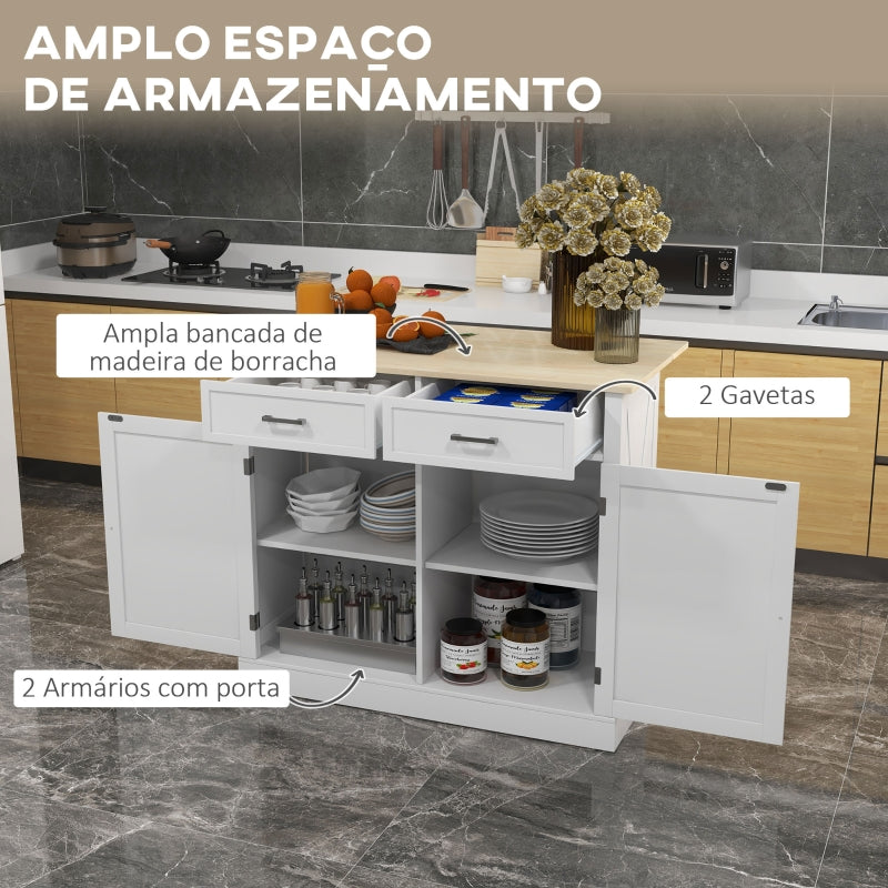 HOMCOM Ilha de Cozinha com Bancada de Madeira Dobrável 2 Portas 2 Gavetas Prateleira Ajustável e 4 Rodas 10x60x90,5 cm Branco e Madeira