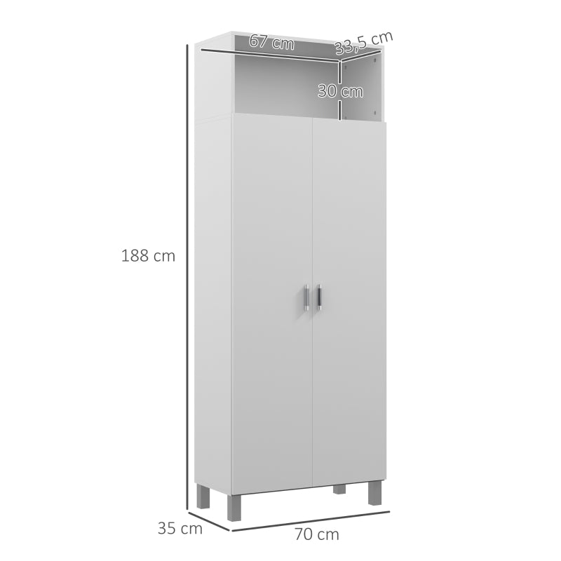 HOMCOM Armário Multiuso com 2 Portas Compartimento Aberto e Prateleira Ajustável para Cozinha Lavandaria 70x35x188 cm Branco