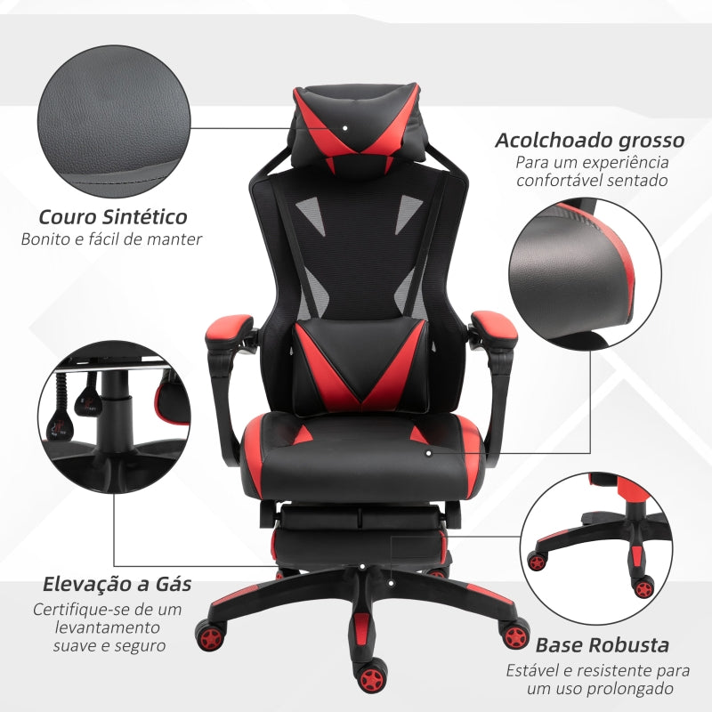 Vinsetto Cadeira Gaming Ergonómica Cadeira Gaming para Escritório com Altura Ajustável Encosto Regulável Almofada Lombar Apoio para os Pés Retráteis 65x70x117-125cm Vermelho