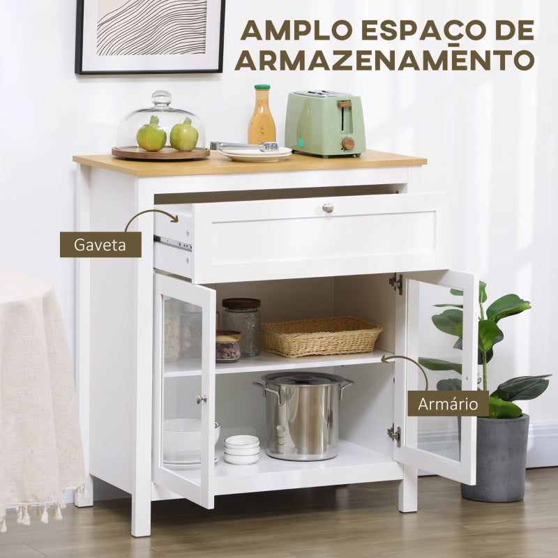 HOMCOM Aparador de Cozinha Moderno Móvel Buffet Auxiliar com Gaveta Prateleira Ajustável e 2 Portas de Vidro 80x40x90 cm Branco e Madeira