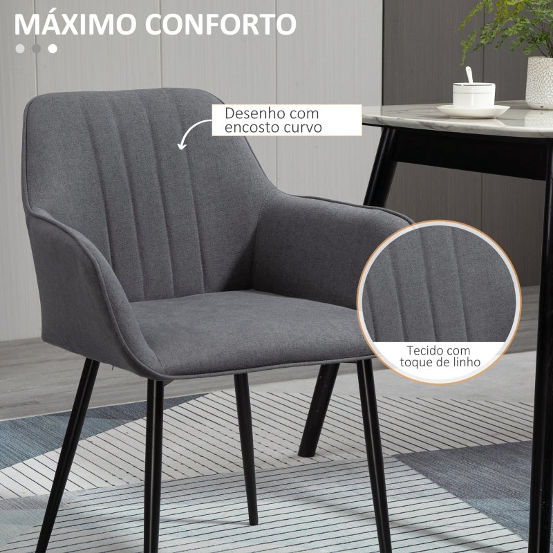 HOMCOM Conjunto de 2 cadeiras de jantar decorativas estofadas em linho com encosto ergonômico, braços e pernas de metal 59,5x56,5x81 cm cinza