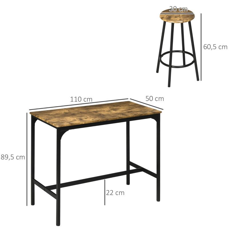 HOMCOM Conjunto de Móveis Altos de Bar com 5 Peças Mesa de Refeição Industrial e 4 Bancos Redondos Marrom Rústico e Preto