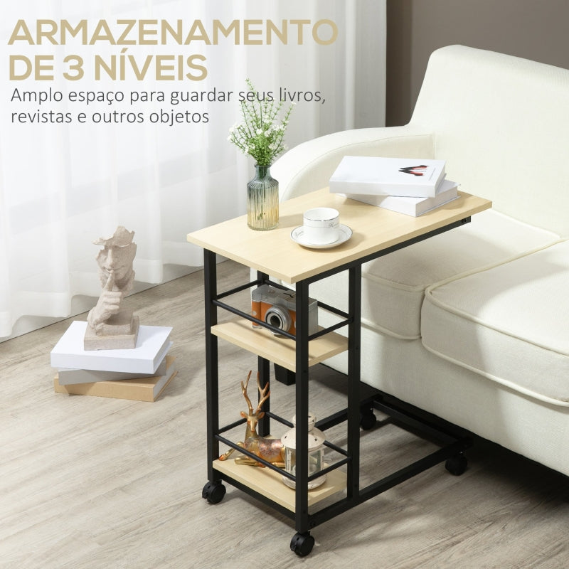 HOMCOM Mesa Auxiliar com Rodas Mesa Lateral em Forma de C para Sofá Cama com 2 Prateleiras e Freios Estilo Moderno 60x34,5x64,5cm Madeira