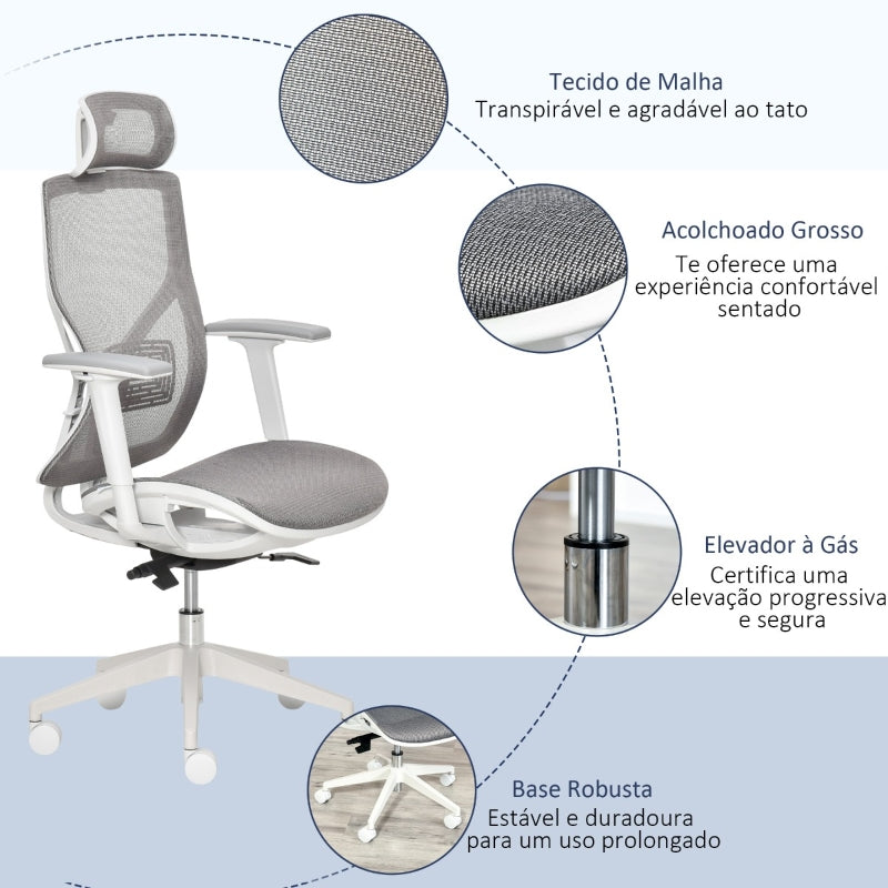 Vinsetto Cadeira de Escritório Giratória com Altura Ajustável Apoio para os Braços Apoio para a Cabeça e Suporte Lombar Reguláveis Encosto Alto 67x65x120-128cm Cinza