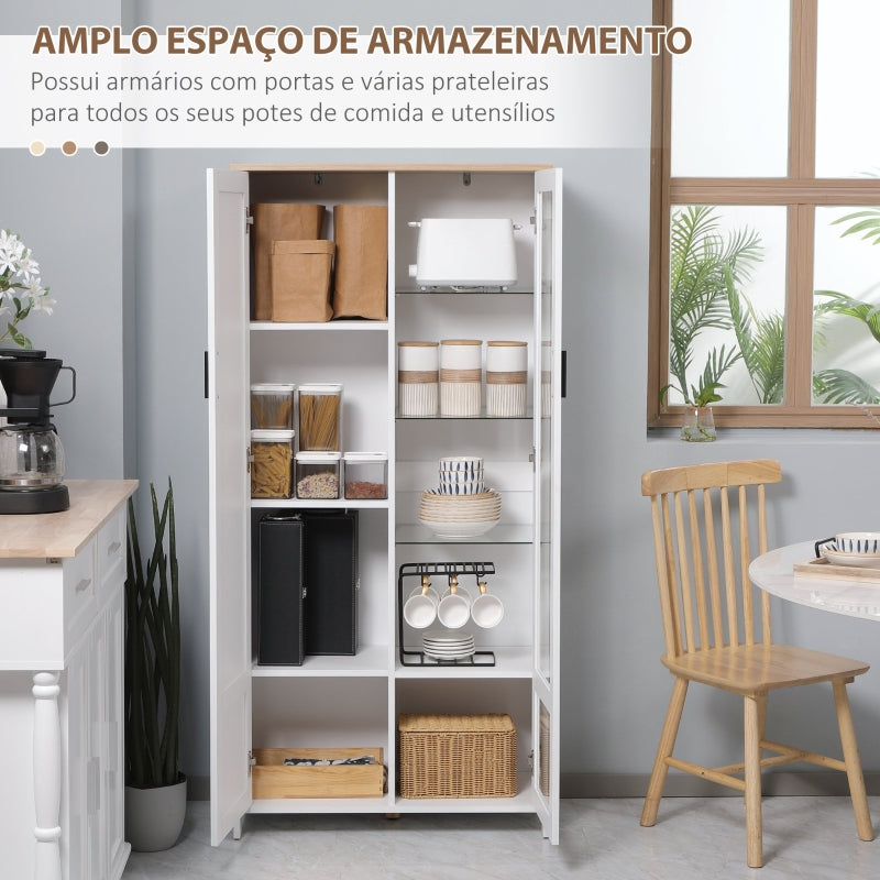 HOMCOM Armário de Cozinha com Porta de Vidro Prateleiras Ajustáveis e Pés Elevados 76x36x160 cm Branco