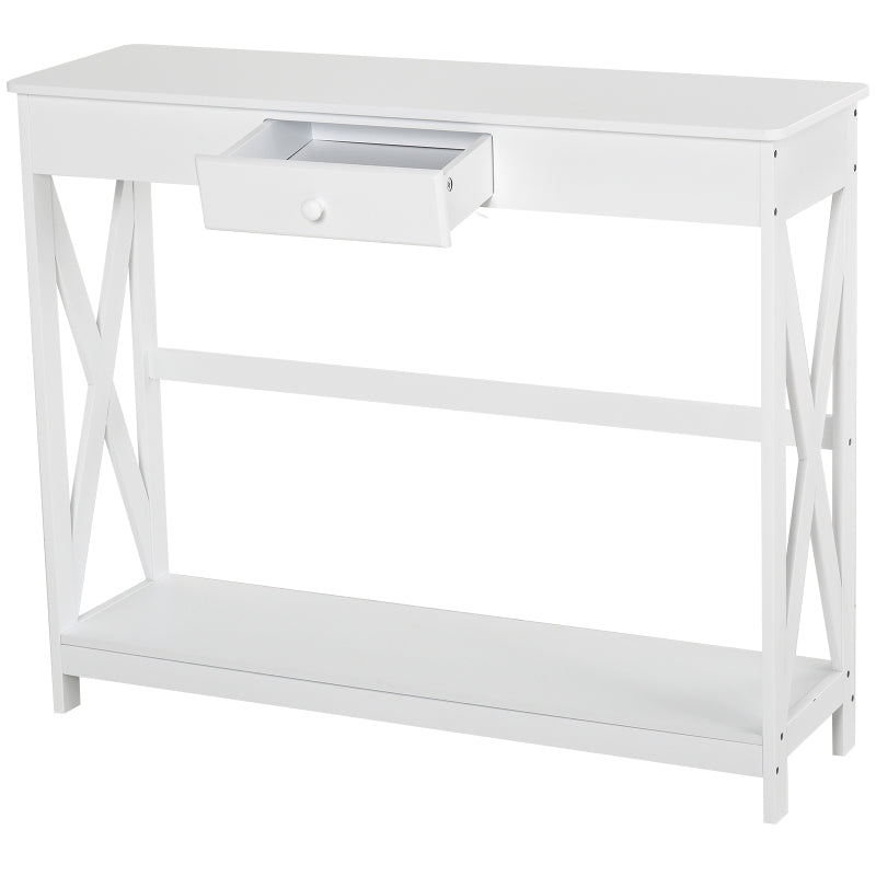 HOMCOM Mesa Consola Clássica com 1 Gaveta e 1 Prateleira de Armazenamento para a Entrada Mesa Auxiliar Sala de Estar Estilo Elegante 100x30x81cm Branco