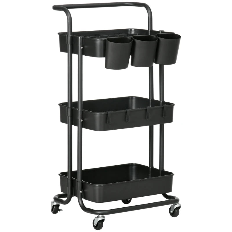 HOMCOM Carrinho de Cozinha Carrinho de Armazenamento com 4 Ganchos 3 Cestas Removíveis 3 Caixas Suspensas 42x38x86,5cm Preto