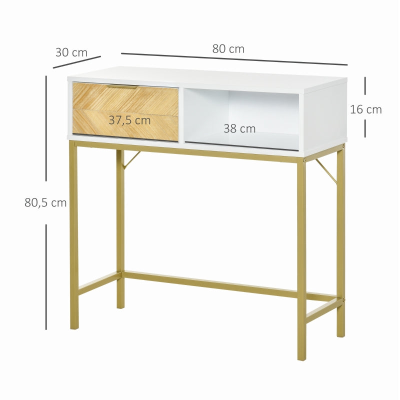 HOMCOM Mesa consola com gaveta e prateleira aberta Estilo moderno Móveis de Corredor Sala de estar 80x30x80,5 cm Ouro branco