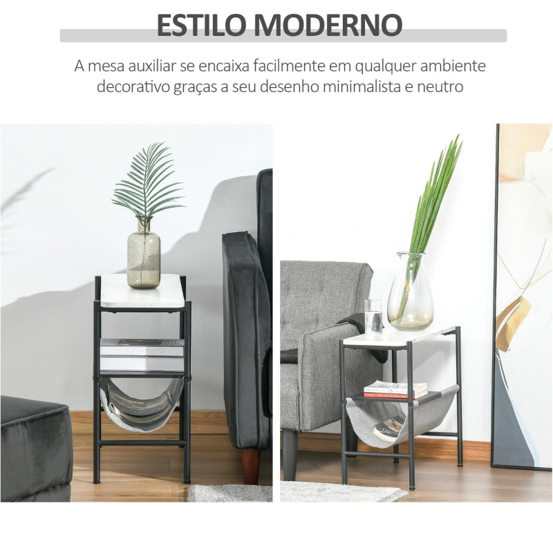 HOMCOM Mesa de Apoio com Bolso de Lona e Prateleira Removível Bancada Imitação Mármore 60x28x53cm Branco Cinza e Preto