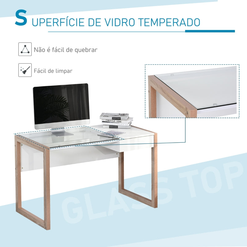 HOMCOM Mesa de computador Com tampo de vidro temperado e gaveta 120x60x75 cm Branco