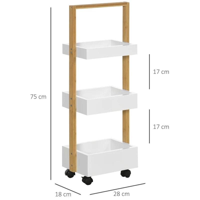 HOMCOM Carrinho de Casa de Banho de Bambu com Rodas e 3 Cestos de Armazenamento 28x18x75 cm Branco e Madeira