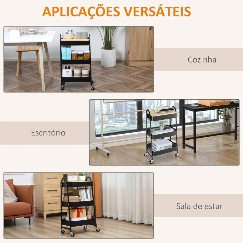 HOMCOM Carrinho Auxiliar com Rodas de 3 Níveis Carrinho de Cozinha com 3 Cestas de Aço e 1 Bancada de Madeira 45x31x79,4 cm Preto