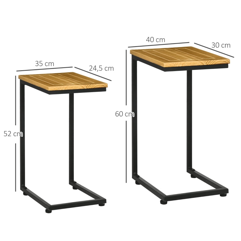 Outsunny Conjunto de 2 Mesas Auxiliares em Forma de C com Estrutura de Metal e Bancada de Madeira 40x30x60 cm e 35x24,5x52 cm Madeira e Preto