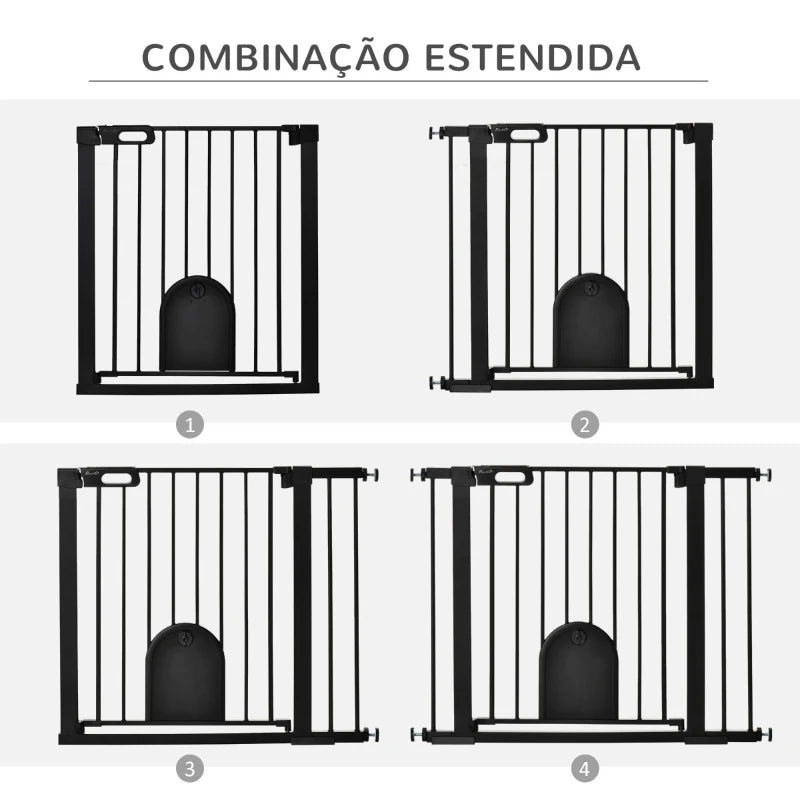 PawHut Barreira de Segurança de Cães Animais de Estimação para Escadas e Portas 75-103cm com 2 Extensões Fechamento Automático e Sistema de Duplo Bloqueio Aço Preto