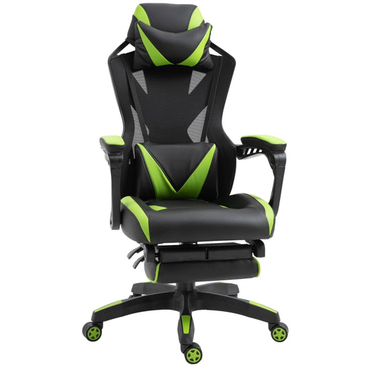 Vinsetto Cadeira Gaming Ergonómica Cadeira Gaming para Escritório com Altura Ajustável Encosto Regulável Almofada Lombar Apoio para os Pés Retráteis 65x70x117-125cm Verde