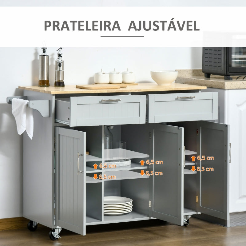 HOMCOM Carrinho de Cozinha com Rodas 2 Gavetas 3 Portas Prateleiras Ajustáveis e Barra para Sala de Jantar 121x46x91cm Cinza e Madeira