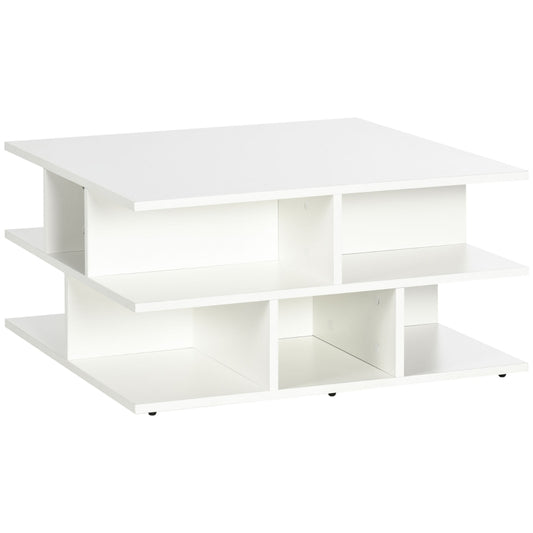 HOMCOM Mesa de Centro Quadrada Moderna com Múltiplas Prateleiras de Armazenamento para Escritório Estúdio 70x70x36,5cm Branco