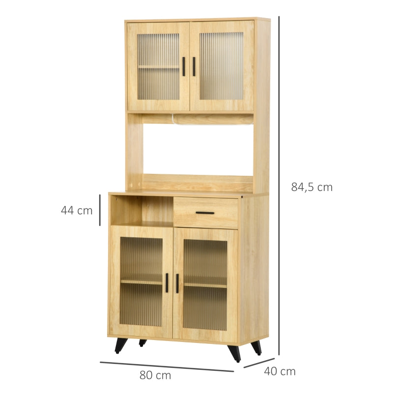 HOMCOM Armário para Cozinha com 1 Gaveta 4 Portas de Vidro Barra para Pendurar e Pés Elevados 80x40x184,5cm Madeira