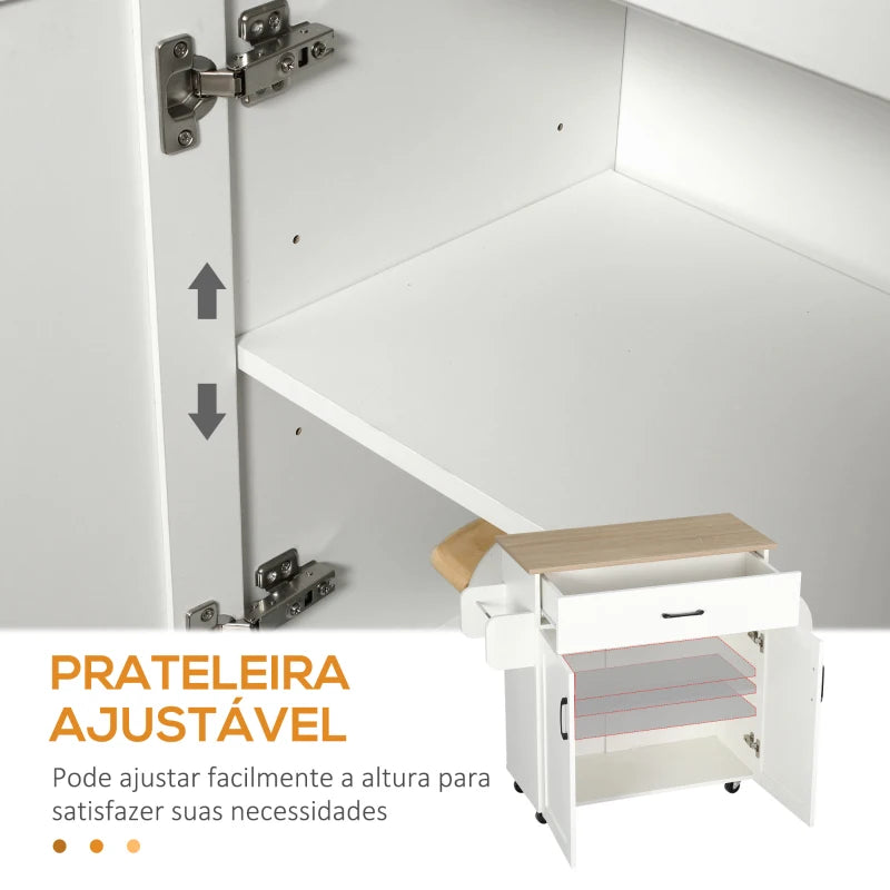 HOMCOM Carrinho de Cozinha com 1 Gaveta Suporte para Panos e Especies Carrinho Auxiliar com Rodas 105x36x85cm Branco