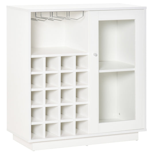 HOMCOM Aparador de Cozinha com Suporte para 20 Garrafas Armário Auxiliar com 1 Porta de Cristal Prateleiras e Suporte para Taças de Vinho para Sala de Estar Bar 80x36x85cm Branco