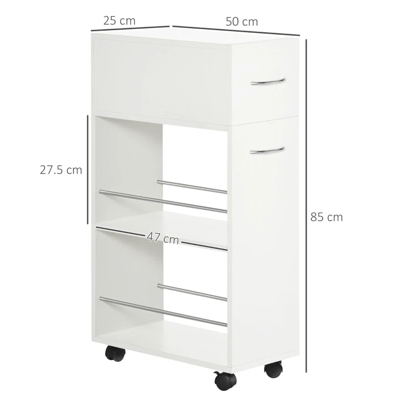 HOMCOM Carrinho de Cozinha com 1 Gaveta e 2 Prateleiras Abertas Carrinho de Cozinha Auxiliar cm Rodas 25x50x85cm Branco