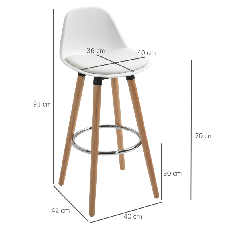 HOMCOM Conjunto de 2 Bancos de Bar Estofado em PU Bancos Altos de Cozinha com Pés de Madeira para Cozinha 40x42x91cm Branco